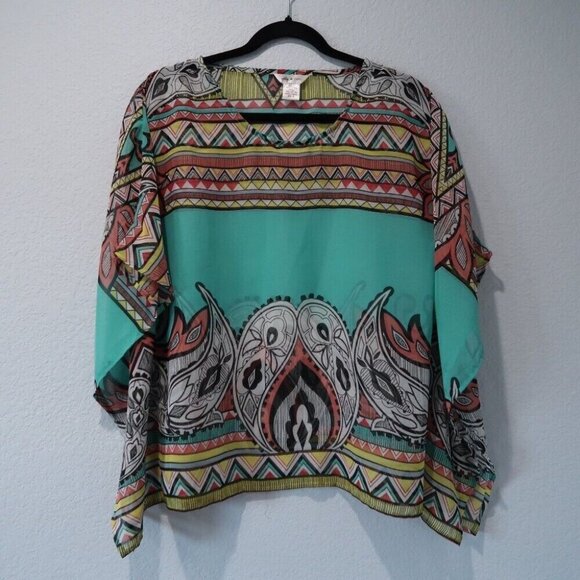Lucky & Coco Tops - Lucky & Coco Kaftan Womens S Black Blouse Geometric Sheer Flowy Crew Neck